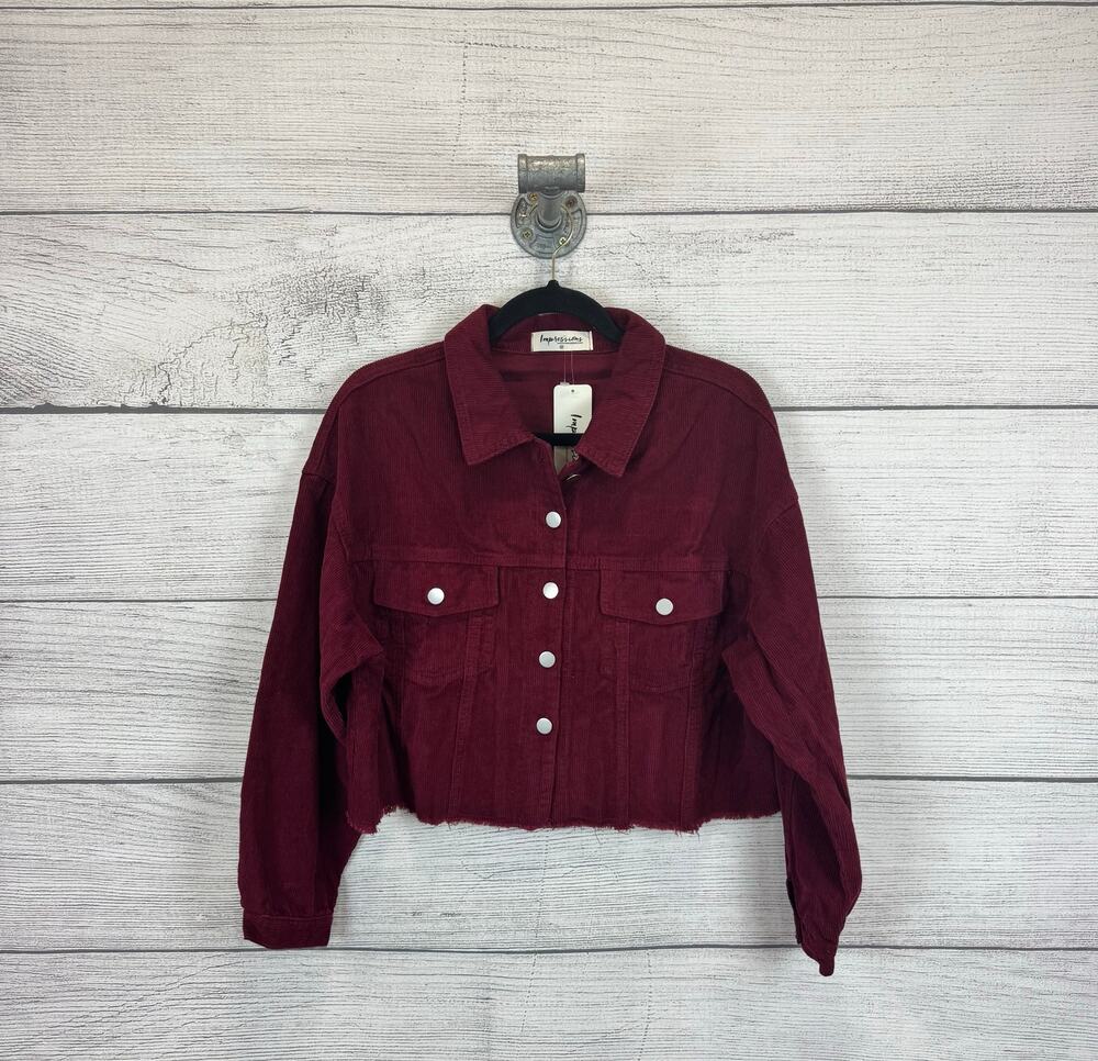 Impressions Women's Burgundy Corduroy Smiley Face Cropped Jacket Size Medium